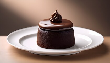 A Simple Mini Chocolate Cake On A White Plate Minimalist Style Soft Natural Lighting Smooth Chocolate Frosting Clean Background Realistic Food Photography