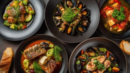 Variety of gourmet seafood dishes with vegetables in black plates.