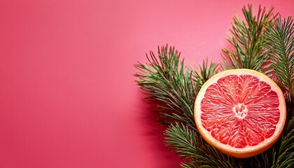 Macro Closeup Of A Fresh Cut Grapefruit Half With Evergreen Pine Branches On A Vibrant Pink Background For Holiday Season Promotion