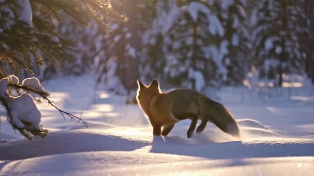 The fox is running through the winter forest