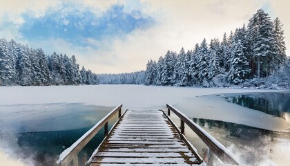 Serene Frozen Lake With A Worn Wooden Dock Surrounded By Snow Covered Evergreen Trees Water Color Illustration