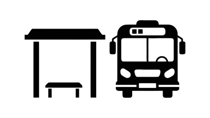 Vector illustration of a bus stop shelter with bench and a public city bus for transport