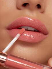 Woman applying glossy lip gloss with soft pink lips close-up  