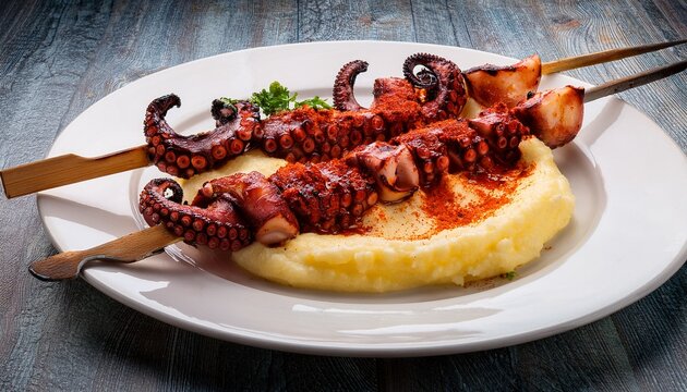 Plato De Brocheta De Pulpo Gallego A La Brasa Con Pimenton Y Espuma De Pure De Patata