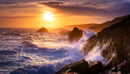 Dramatic Coastal Sunset With Crashing Waves And Rocky Cliffs