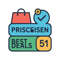 A colorful graphic illustration of a shopping bag with best deals and discounts
