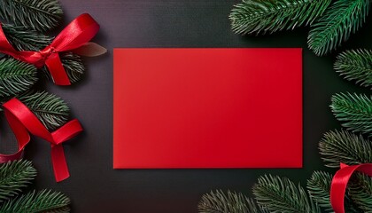Festive Red Card Surrounded By Green Christmas Tree Branches And Ribbon