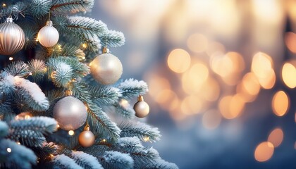 Christmas Tree Decorated Ornaments Bokeh Snow Background