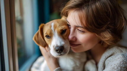 Woman sitting by window playing with her dog, faceless pet owner, domestic relaxation, companionship moment, work-life balance, defocused home interior, with copy space