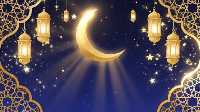 Elegant Ramadan Kareem background featuring a glowing golden crescent moon and hanging lanterns against a deep blue starry night sky with geometric patterns and shimmering light rays.
