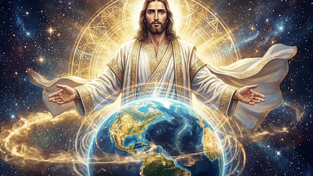 Jesus holding the earth in glowing embrace. Divine savior protecting world from heaven. Christian faith symbol of global redemption and spiritual light.