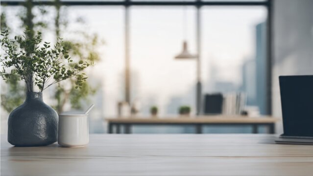 Modern office desk with vase and laptop
