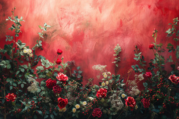 Red flowers and green leaves on a red textured surface. Red studio backdrop with blooming flowers.