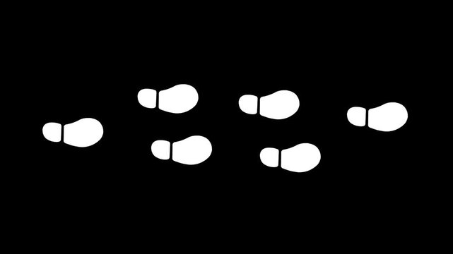 Footprints Walking Animation Human footprint 4K video. white trace of foot prints of person in boot and sneaker. Walk loop animation, graphic motion on Black background.