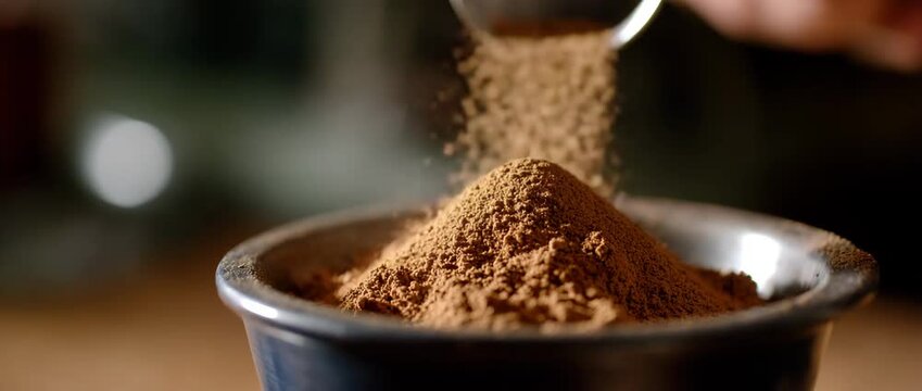A close-up of brown spice being poured onto a surface.