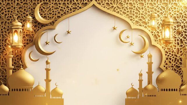 Elegant golden Islamic background featuring mosque silhouettes, glowing lanterns, and an arched frame on a white surface. Perfect for Ramadan Kareem and Eid Mubarak greeting cards or videos.