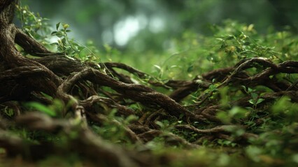 Obraz premium Twisted roots and green plants in forest