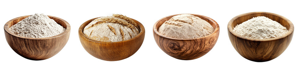 Different bowls filled with flour show various stages of baking process. The picture captures the essential ingredients needed for various recipes.