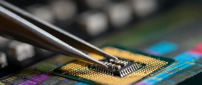 A close-up photo of a microchip highlights intricate details.