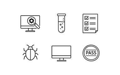Software testing icons: bug, checklist, test tube, monitor, and pass symbol