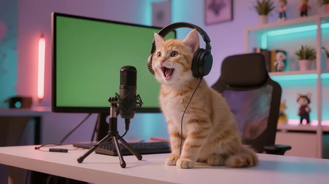Cute ginger kitten wearing headphones sitting at desk with microphone and green screen monitor. Concept of content creation, podcast streaming, and modern digital lifestyle