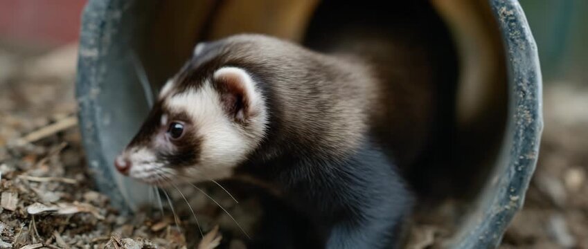 A curious ferret peeks out from a pipe, showcasing its playful nature.