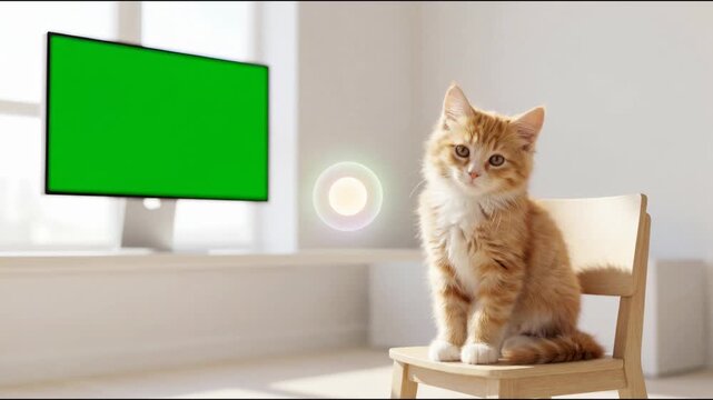 Cute ginger kitten sitting on chair near computer monitor with green screen at home. Concept of mockup template, digital content creation, and modern pet lifestyle
