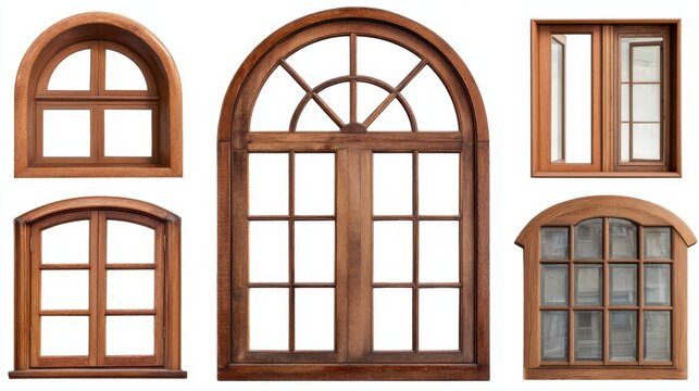 Collection of wooden arched and rectangular window frames with panes.