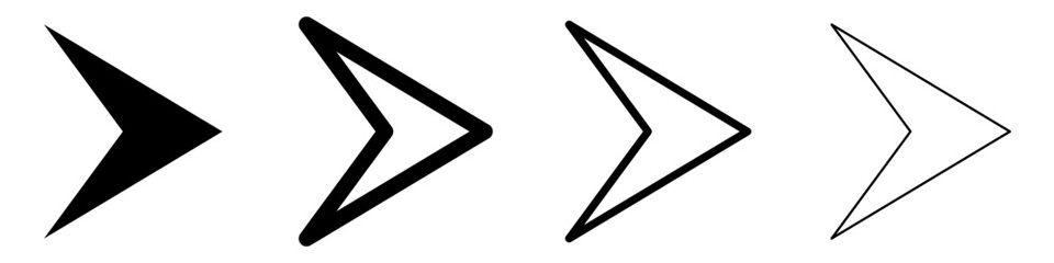 Obraz premium Arrow icon. Triangular arrow pointing right: black silhouette and outline lines, isolated on white background. Vector illustration.