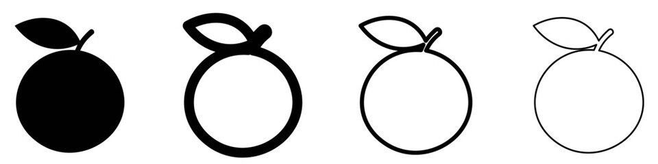 Orange icon. Citrus fruit with a leaf: black silhouette and outline lines, isolated on a white background. Four style variations. Vector illustration.