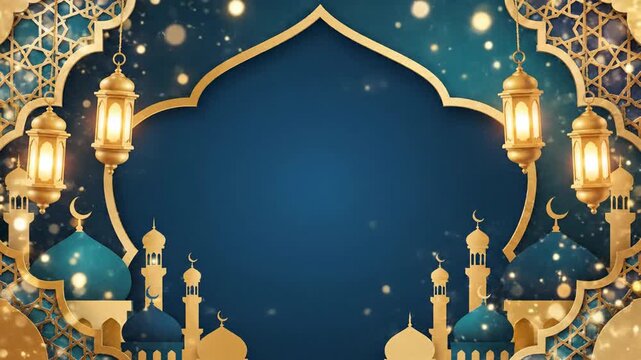 Elegant Islamic background featuring glowing golden lanterns and blue mosque silhouettes. Perfect for Ramadan Kareem, Eid al-Fitr, and religious greetings with copy space for text.