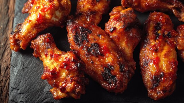 Spicy grilled chicken wings with glazed red chili sauce on stone platter.