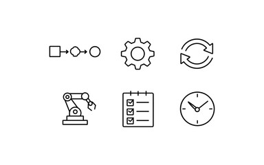 Set of industrial process icons including workflow, gear, robot arm, checklist, and clock