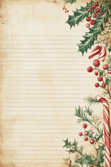Vintage Christmas Junk Journal Page. A beautifully aged, faded lined paper background decorated with watercolor illustrations of holly, berries, poinsettia, and candy canes in a vintage style.