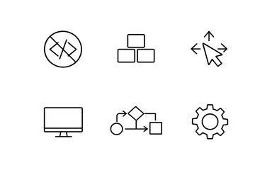 Collection of six simple line icons representing technology and process concepts