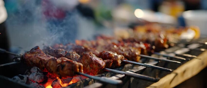 Juicy meat skewers grilling over an open flame with smoke.
