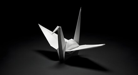 Paper crane origami on black background in grayscale artistic expression and minimalist style