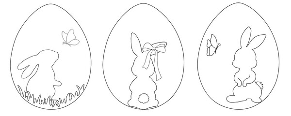 Minimalist black line illustration of an Easter egg with bunny silhouette, grass and butterfly. Simple outline drawing isolated on white background.  for Easter designs, coloring pages, children illus