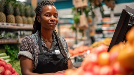 Female african adult cashier smiling in a grocery store with fresh produce.