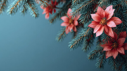 Christmas Fir Branches and Poinsettia Flowers on Simple Background