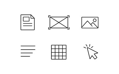 Collection of simple line icons representing document, image, and interface elements