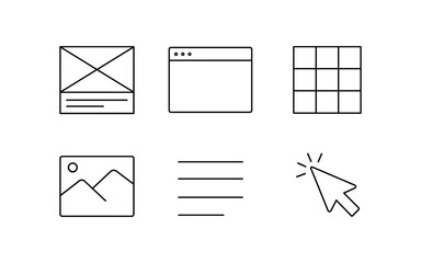 Collection of simple line icons representing web design and user interface elements