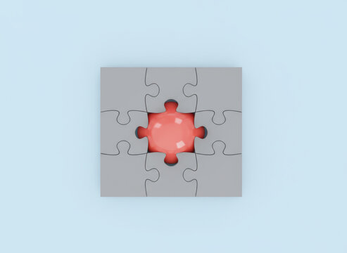 Conceptual 3d rendering of a glossy red sphere in a missing jigsaw puzzle piece representing core solution and unique idea