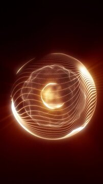 Glowing golden sphere made of particles and dotted waves, abstract digital energy core on dark background, futuristic technology concept with warm light