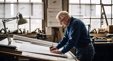 An experienced senior architect drawing a technical blueprint in a workshop. An older craftsman working on a design project at a drafting table