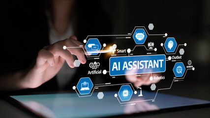 A close-up view of hands using a tablet to navigate an AI assistant platform, showcasing smart features and chatbot elements for enhanced digital interaction and innovation. Tessel