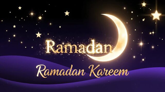 Glowing golden crescent moon and shimmering stars over mystical purple sand dunes in a dreamy night sky, ideal for children's bedtime stories and Ramadan holiday marketing visuals.