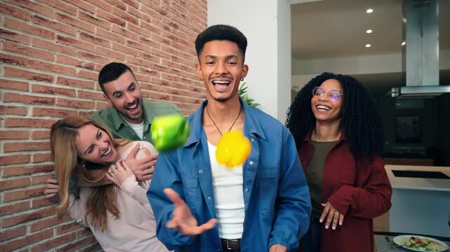 A group of friends joyfully engaging in juggling colorful fruits, showcasing their playful spirit and camaraderie in a fun and exciting way, creating a memorable experience filled with laughter.