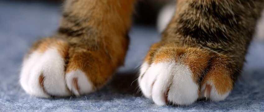 Adorable cat paws with white tips rest on a soft, plush surface indoors.