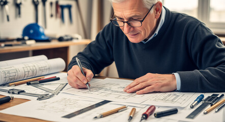 Senior architect working on blueprints with pen and ruler. Elderly engineer drafting construction plans in workshop